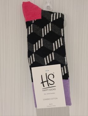 Happy Socks Black, Gray & Pink Geometric Crew Socks For Women Shoe Size 6 To 10